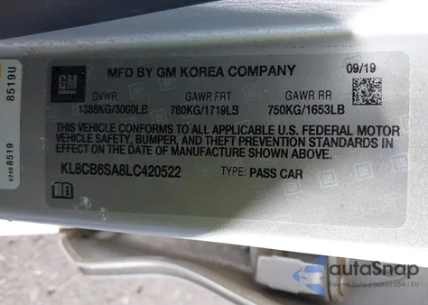 2020 Chevrolet Spark Fwd Ls Automatic z USA, uszkodzony, nr VIN KL8CB6SA8LC420522